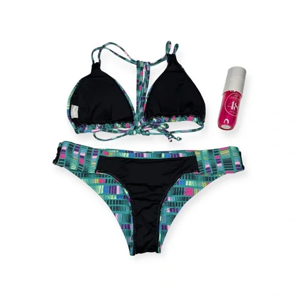 new OndadeMar Swimwear ☀︎︎Multi Strap Tri Top Bikini Set ☀︎︎ Green Print ☀︎︎ M L - Picture 7 of 14